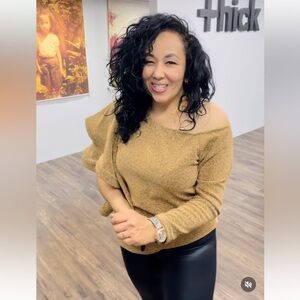 Women's Stylish Gold Off-Shoulder Ruffle Sleeve Shimmer Sweater Size 2XL